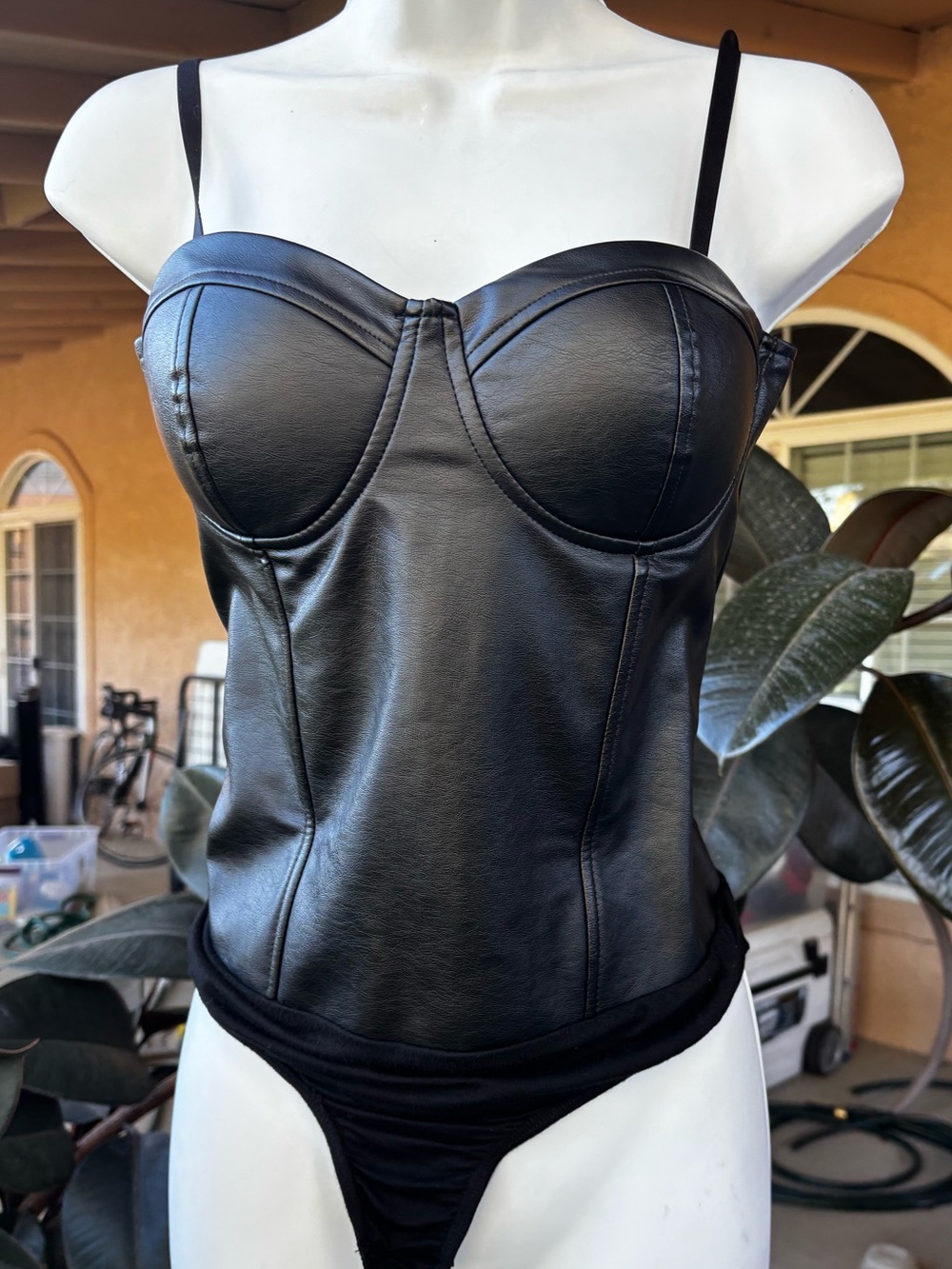 Black Faux Leather Bustier Bodysuit